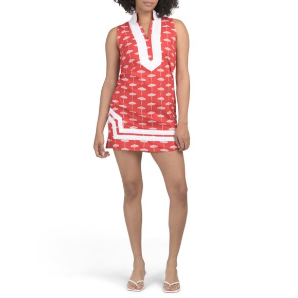 SAIL TO SABLE Red/white Umbrella Printed Signature Sleeveless Mini Caftan Dress